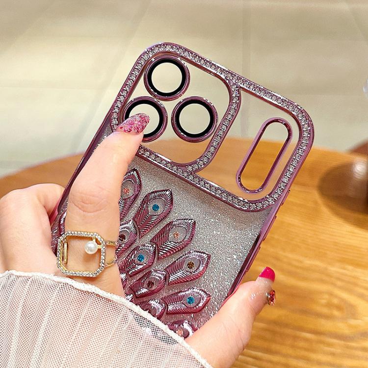 Coque de téléphone plaquée en TPU avec motif paon en relief, strass et paillettes, avec film de protection d'objectif, pour iPhone 11