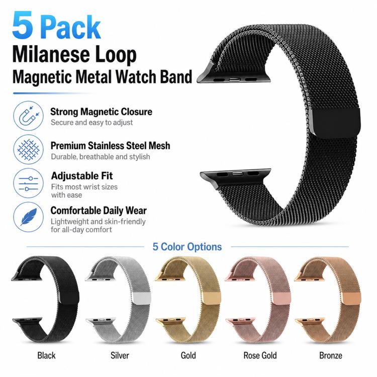 Lot de 5 bracelets de montre magnétiques en métal xDfind de type milanais, compatibles avec les Apple Watch 42/44/45/46/49 mm et 38/40/41/S11 42 mm.