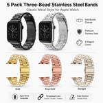 Lot de 5 bracelets de montre xDfind à trois perles et boucle déployante en acier inoxydable, compatibles avec Apple Watch 42/44/45/46/49 mm et Apple Watch 38/40/41/S11 42 mm.