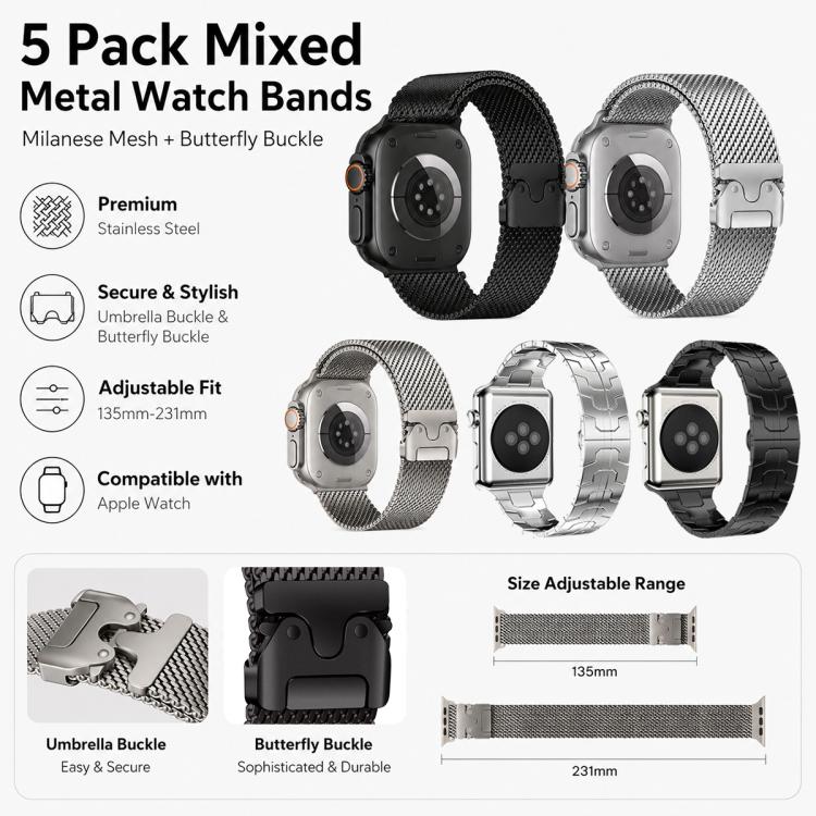 Lot de 5 bracelets de montre xDfind à boucle parapluie milanaise et boucle papillon, compatibles avec Apple Watch 42/44/45/46/49 mm et Apple Watch 38/40/41/S11 42 mm.