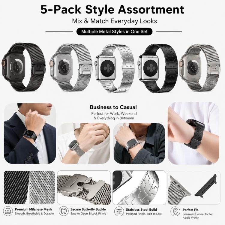 Lot de 5 bracelets de montre xDfind à boucle parapluie milanaise et boucle papillon, compatibles avec Apple Watch 42/44/45/46/49 mm et Apple Watch 38/40/41/S11 42 mm.