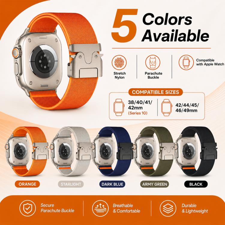 Lot de 5 bracelets de montre extensibles en nylon avec boucle parachute xDfind, compatibles avec Apple Watch 42/44/45/46/49 mm et Apple Watch 38/40/41/S11 42 mm.