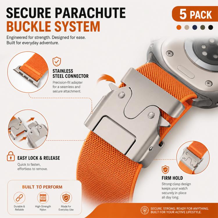 Lot de 5 bracelets de montre extensibles en nylon avec boucle parachute xDfind, compatibles avec Apple Watch 42/44/45/46/49 mm et Apple Watch 38/40/41/S11 42 mm.