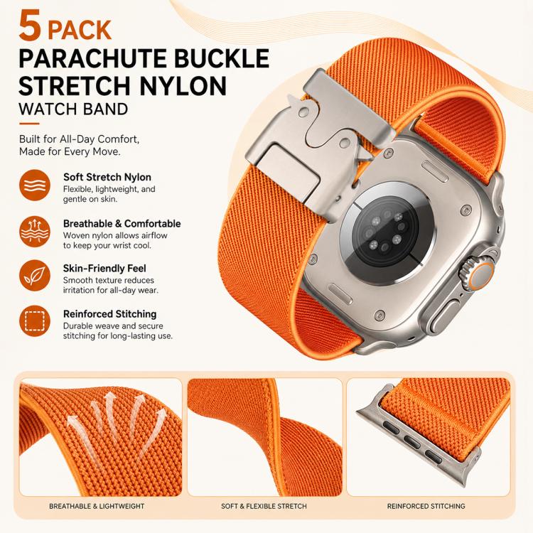 Lot de 5 bracelets de montre extensibles en nylon avec boucle parachute xDfind, compatibles avec Apple Watch 42/44/45/46/49 mm et Apple Watch 38/40/41/S11 42 mm.