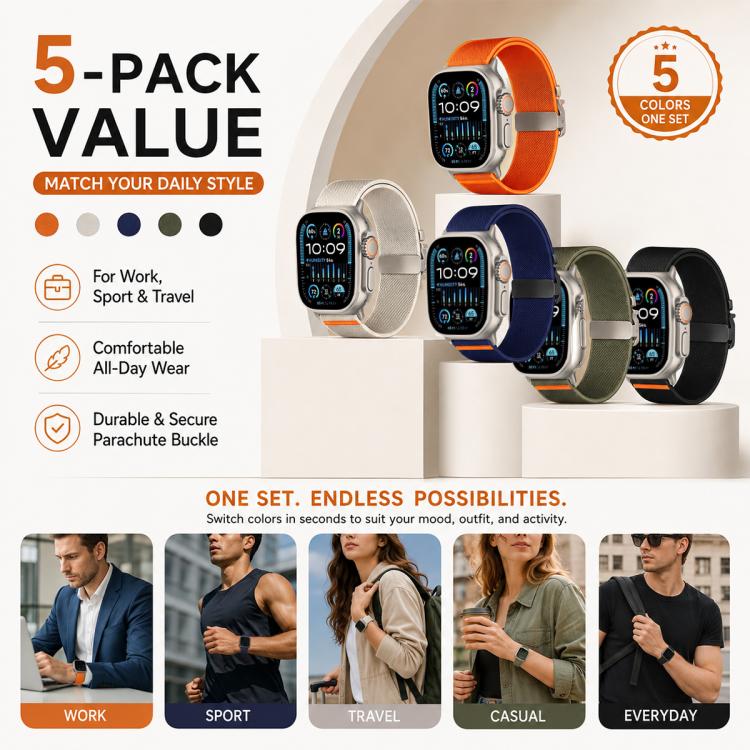 Lot de 5 bracelets de montre extensibles en nylon avec boucle parachute xDfind, compatibles avec Apple Watch 42/44/45/46/49 mm et Apple Watch 38/40/41/S11 42 mm.