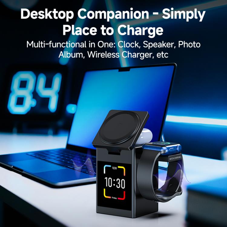 S5D Chargeur sans fil multifonctionnel 3 en 1 de 15 W avec écran tactile et fonction haut-parleur Bluetooth