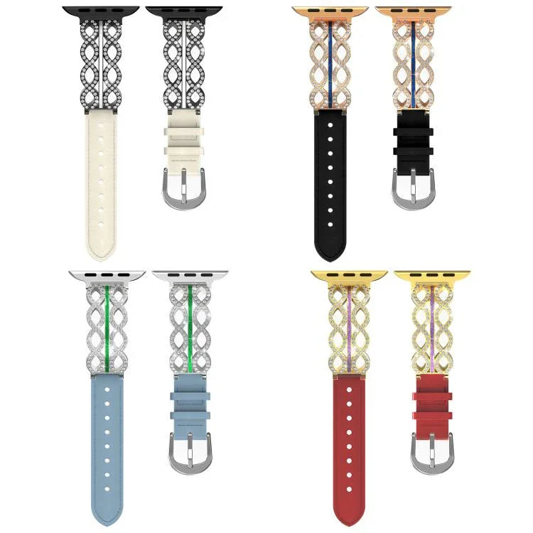 Bracelet de montre hybride en cuir véritable et acier inoxydable avec diamants, de marque xDfind, pour Apple Watch 38 / 40 / 41 / S11 42mm