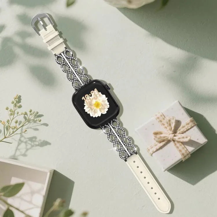 Bracelet de montre hybride en cuir véritable et acier inoxydable avec diamants, de marque xDfind, pour Apple Watch 38 / 40 / 41 / S11 42mm