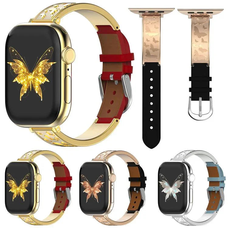 Bracelet de montre hybride xDfind Butterfly en acier inoxydable et cuir véritable, compatible avec Apple Watch 42/44/45/46/49 mm et Apple Watch 38/40/41/S11 42 mm.