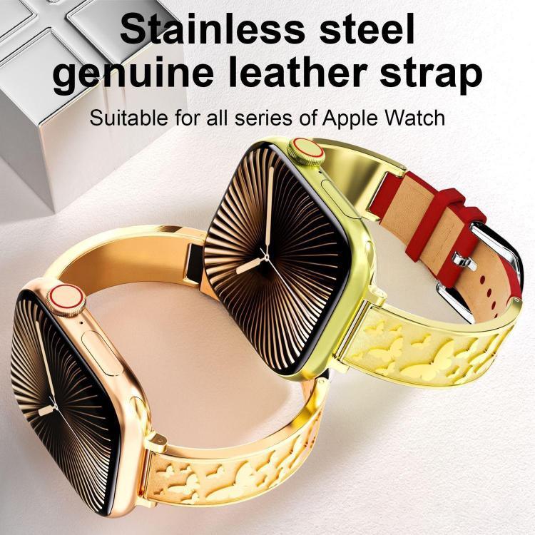 Bracelet de montre hybride xDfind Butterfly en acier inoxydable et cuir véritable, compatible avec Apple Watch 42/44/45/46/49 mm et Apple Watch 38/40/41/S11 42 mm.