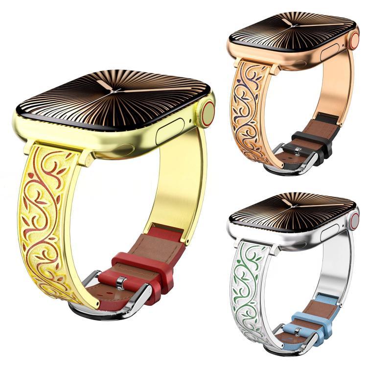 Bracelet de montre en cuir véritable hybride en acier inoxydable avec motif floral rétro xDfind, pour Apple Watch 38 / 40 / 41 / S11 42mm