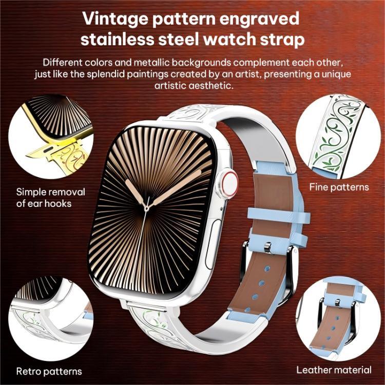 Bracelet de montre en cuir véritable hybride en acier inoxydable avec motif floral rétro xDfind, pour Apple Watch 38 / 40 / 41 / S11 42mm