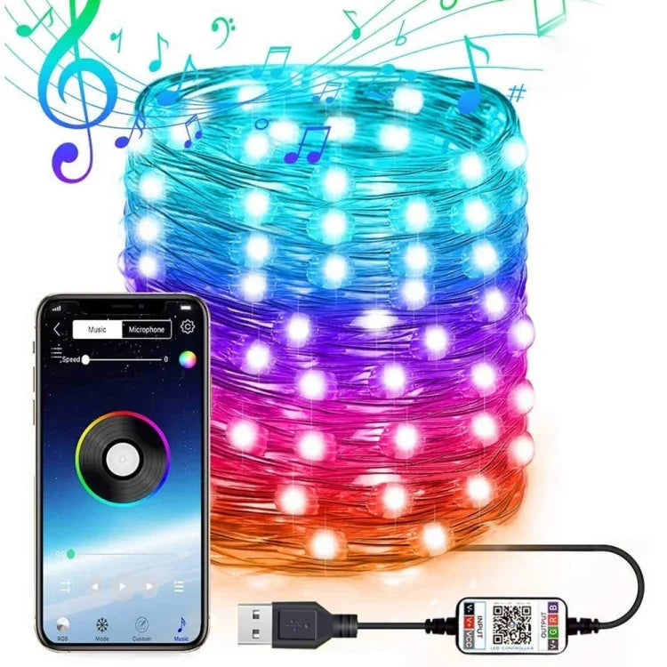 Guirlande lumineuse LED cuivre RGB USB, décoration de vacances, contrôle APP mobile Bluetooth, 2m 20 LED, 5m 50 LED, 10m 100 LED, 12m 120 LED, 15m 150 LED, 20m 200 LED
