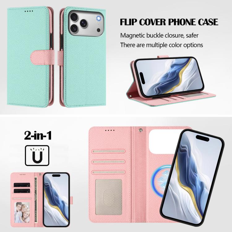 Étui de téléphone en cuir végétalien avec texture Litchi amovible et patch magnétique latéral, pour iPhone 17 Pro Max, pour iPhone 17 Pro, pour iPhone 17, pour iPhone Air, pour iPhone 16 Pro Max, pour iPhone 16 Pro, pour iPhone 16 Plus, pour iPhone 16
