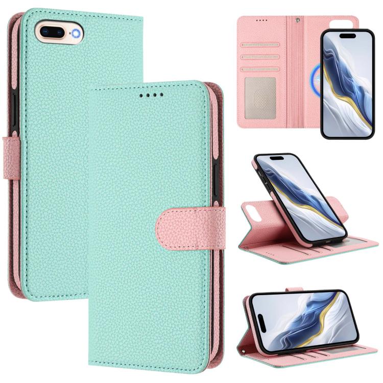 Coque de téléphone en cuir végan à patch latéral magnétique détachable texture litchi, pour iPhone 8 Plus / 7 Plus
