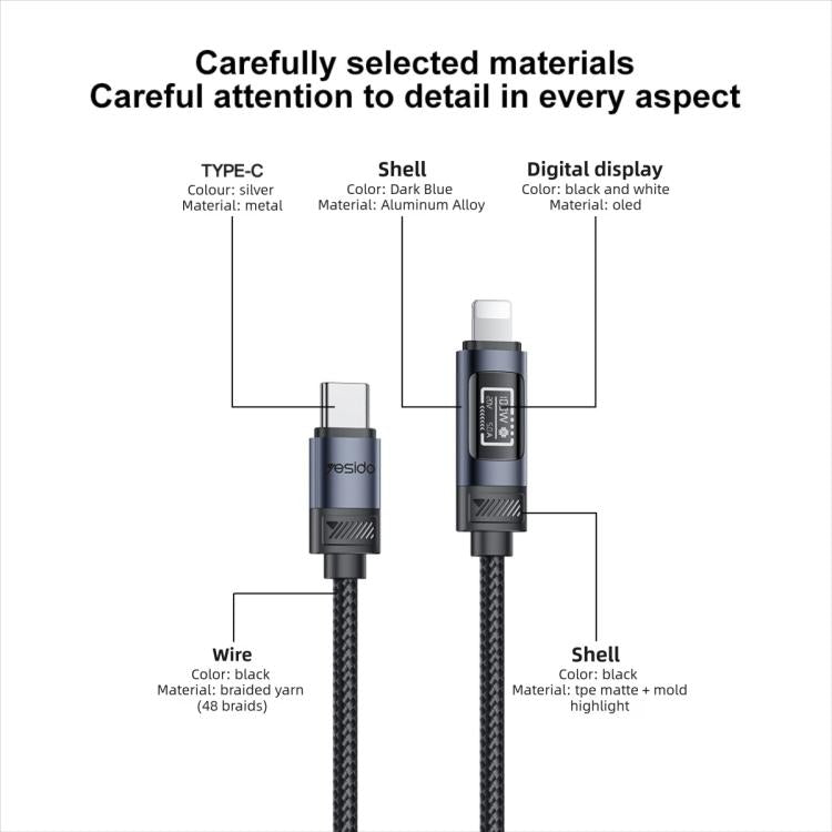 Câble de données de charge Yesido CA201 27W Type-C vers 8 broches avec écran OLED, Type-C vers 8 broches