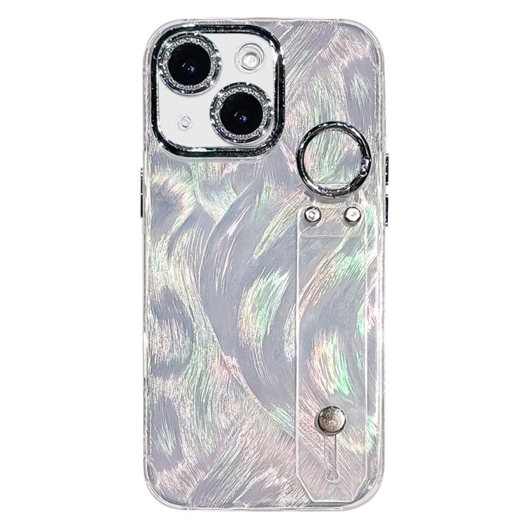 Coque de téléphone TPU avec support bracelet texture gaze de plumes plaquée et film pour lentille, pour iPhone 13