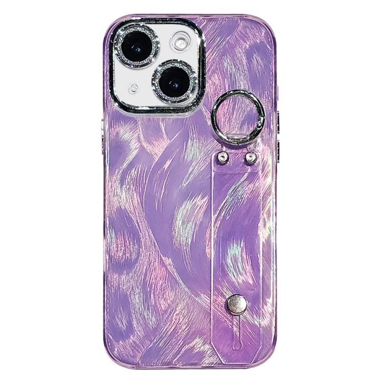 Coque de téléphone TPU avec support bracelet texture gaze de plumes plaquée et film pour lentille, pour iPhone 13
