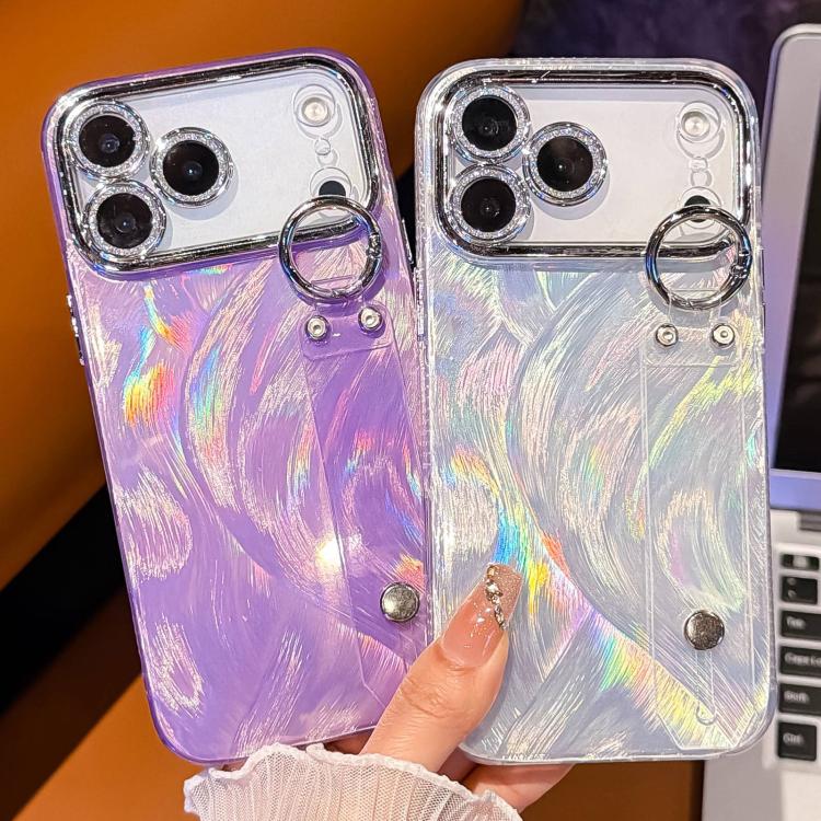 Coque de téléphone TPU avec support bracelet texture gaze de plumes plaquée et film pour lentille, pour iPhone 13