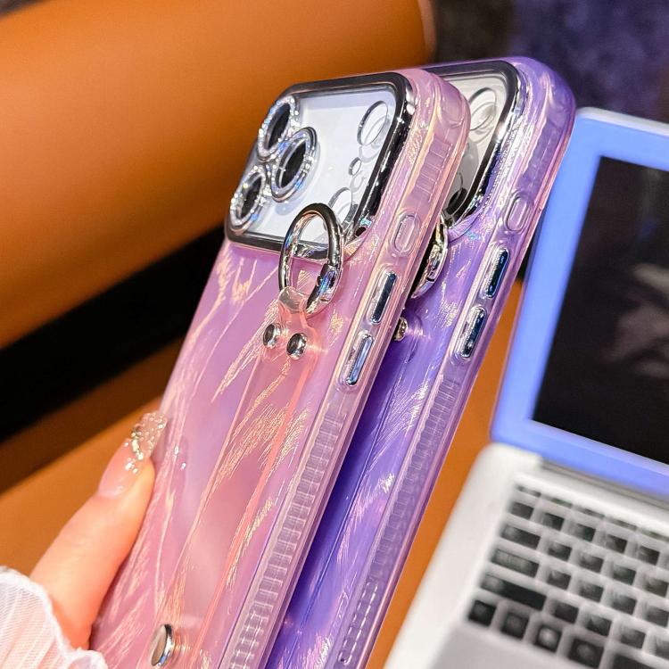 Coque de téléphone TPU avec support bracelet texture gaze de plumes plaquée et film pour lentille, pour iPhone 13