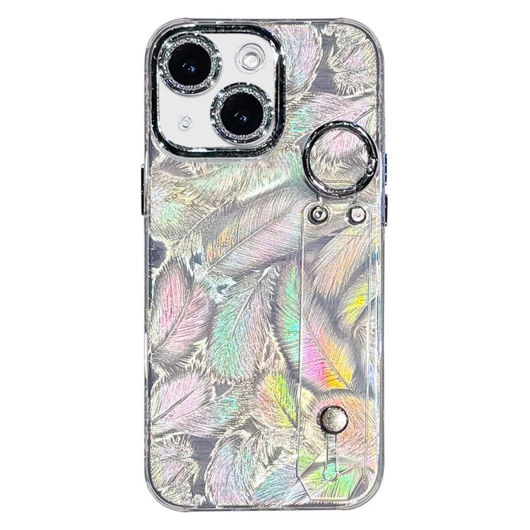 Coque de téléphone TPU avec support bracelet texture plume plaquée et film pour lentille, pour iPhone 13