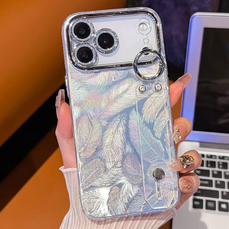 Coque de téléphone TPU avec support bracelet texture plume plaquée et film pour lentille, pour iPhone 13
