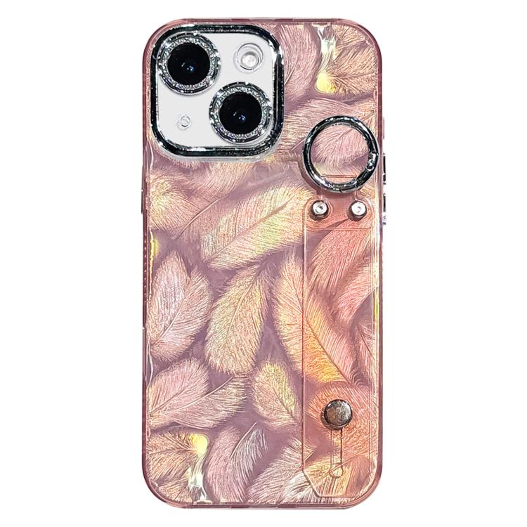 Coque de téléphone TPU avec support bracelet texture plume plaquée et film pour lentille, pour iPhone 13