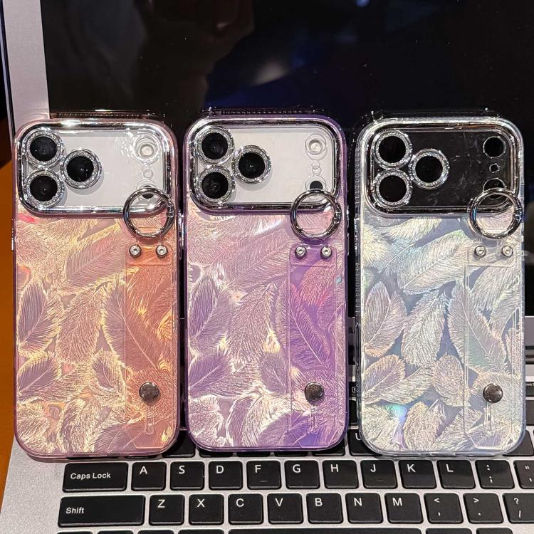 Coque de téléphone TPU avec support bracelet texture plume plaquée et film pour lentille, pour iPhone 13