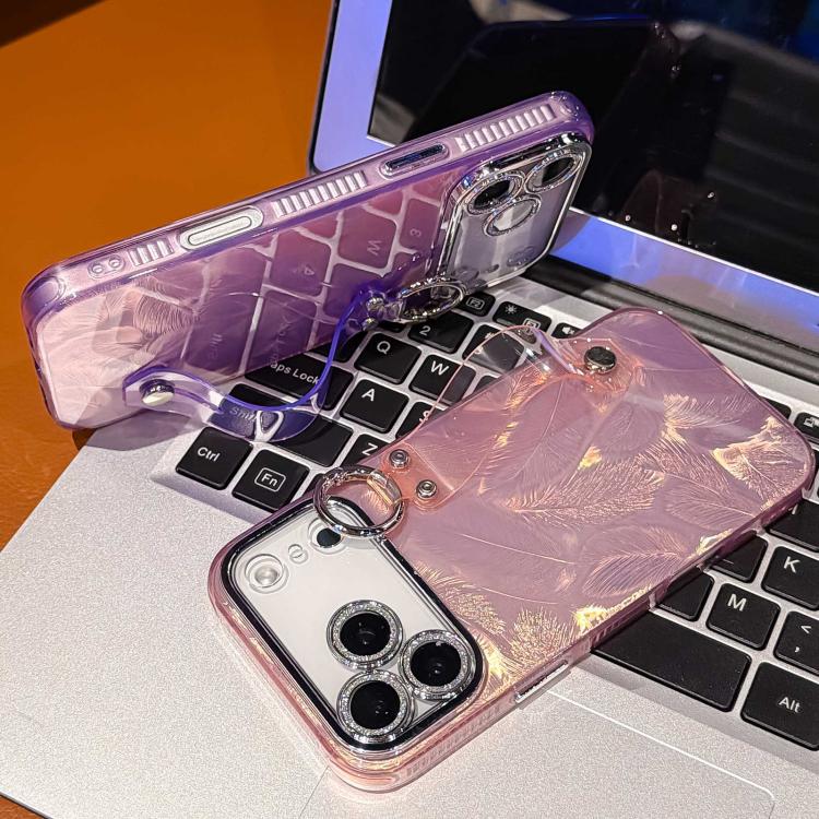 Coque de téléphone TPU avec support bracelet texture plume plaquée et film pour lentille, pour iPhone 13