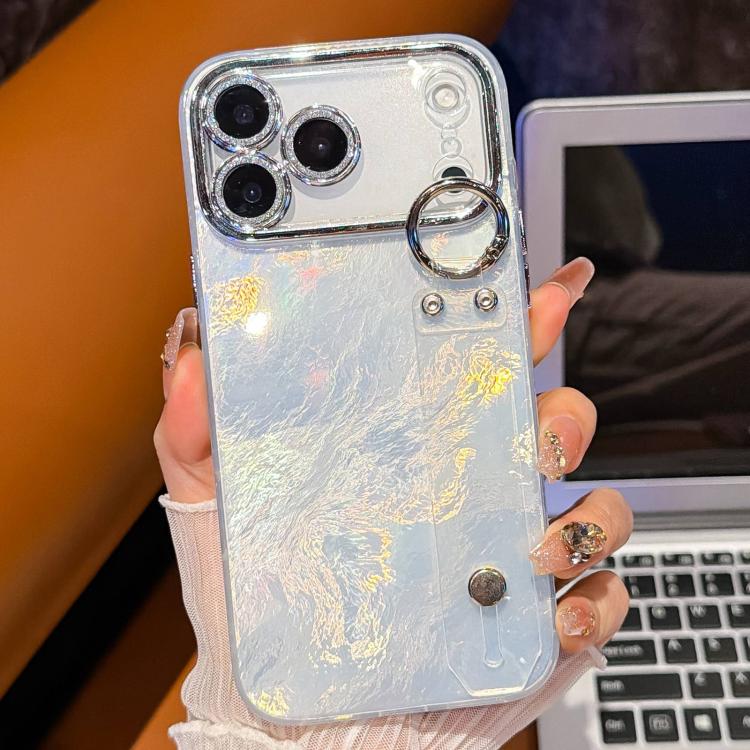 Coque de téléphone TPU avec support bracelet texture métallique type feuille plaquée et film pour lentille, pour iPhone 13