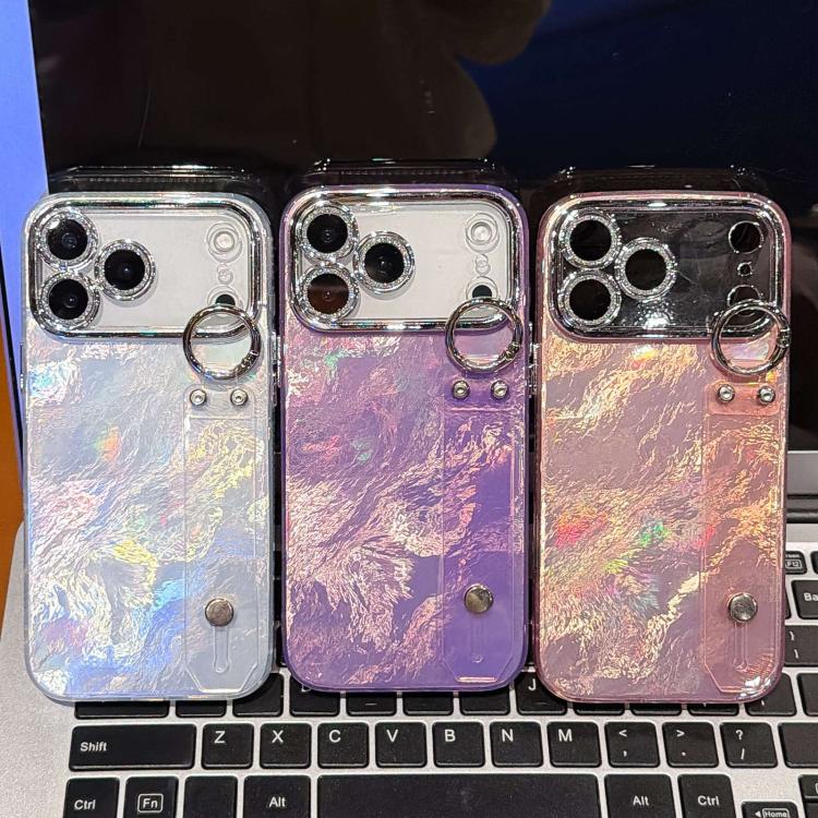 Coque de téléphone TPU avec support bracelet texture métallique type feuille plaquée et film pour lentille, pour iPhone 13