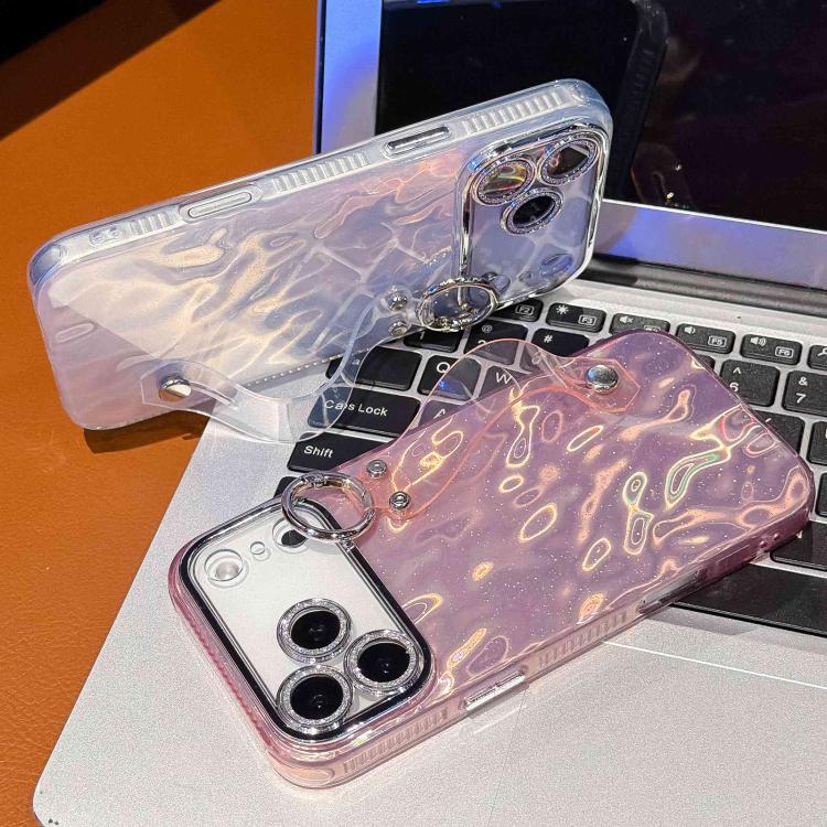Coque de téléphone TPU avec support bracelet texture métallique type feuille plaquée et film pour lentille, pour iPhone 13