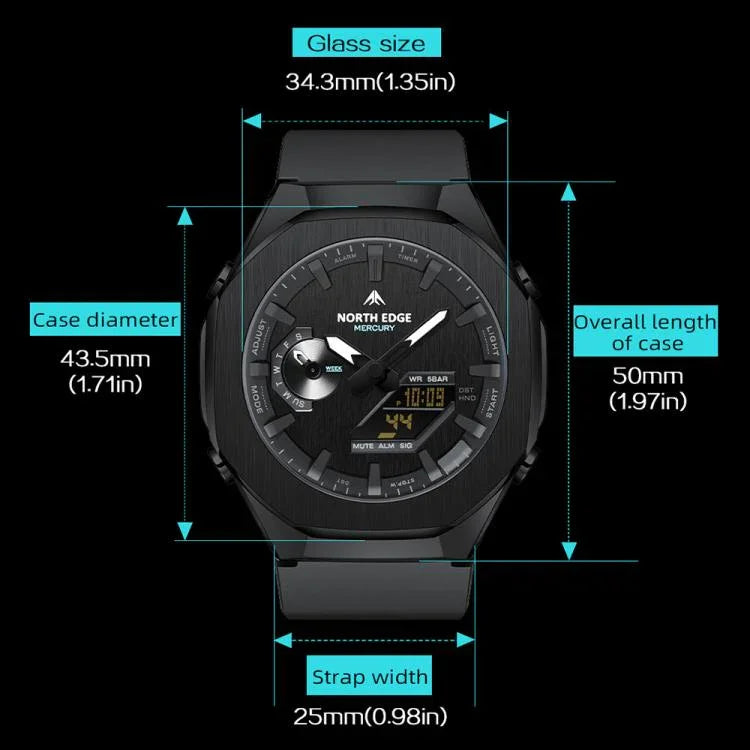 Montre électronique lumineuse d'extérieur NORTH EDGE Mercury en alliage de zinc 5 ATM