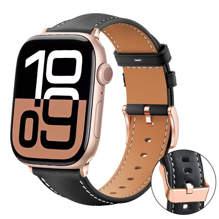 Bracelet de montre en cuir végétalien à grain fin Rose Gold Buckle Black Shark xDfind, pour Apple Watch 42 / 44 / 45 / 46 / 49 mm, pour Apple Watch 38 / 40 / 41 / S11 42 mm