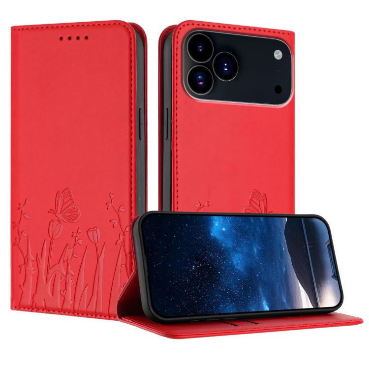 Étui de téléphone en cuir vegan magnétique avec motif papillon et tulipes, Pour iPhone 17e / 16e, Pour iPhone 17 Pro Max, Pour iPhone 17 Pro, Pour iPhone 17