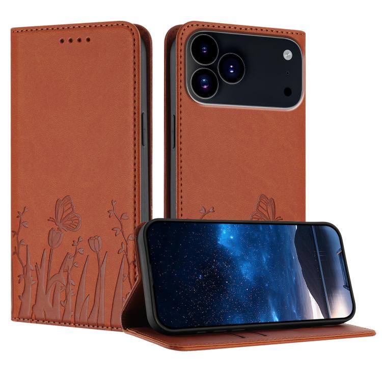 Étui de téléphone en cuir vegan magnétique avec motif papillon et tulipes, Pour iPhone 17e / 16e, Pour iPhone 17 Pro Max, Pour iPhone 17 Pro, Pour iPhone 17