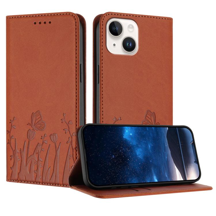 Étui de téléphone magnétique en cuir végétalien à motif de papillons et de tulipes, pour iPhone 15, pour iPhone 14 Plus, pour iPhone 14, pour iPhone 14 Pro