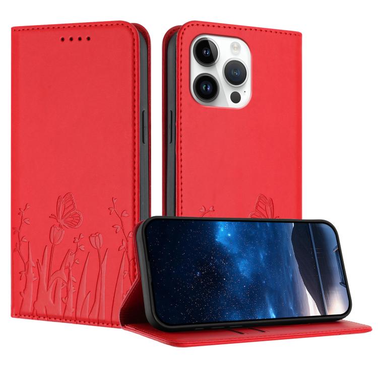 Tulips Butterfly Pattern Magnetic Vegan Leather Phone Case, For iPhone 14 Pro Max, For iPhone SE 2022 / SE 2020 / 7 / 8, For iPhone 13 Pro Max, For iPhone 13 Pro