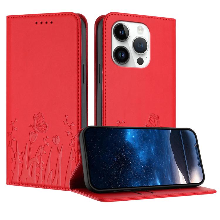 Étui de téléphone magnétique en cuir végétalien à motif de papillons et de tulipes, pour iPhone 15, pour iPhone 14 Plus, pour iPhone 14, pour iPhone 14 Pro