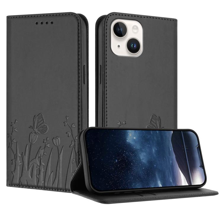 Étui de téléphone magnétique en cuir végétalien à motif de papillons et de tulipes, pour iPhone 15, pour iPhone 14 Plus, pour iPhone 14, pour iPhone 14 Pro