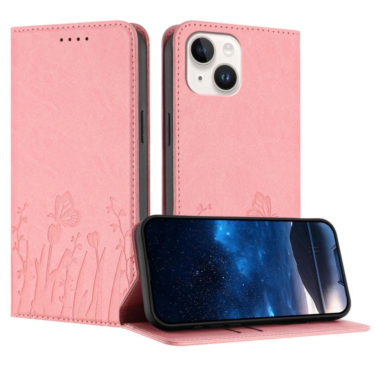 Étui de téléphone magnétique en cuir végétalien à motif de papillons et de tulipes, pour iPhone 15, pour iPhone 14 Plus, pour iPhone 14, pour iPhone 14 Pro