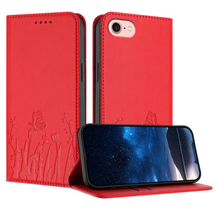Tulips Butterfly Pattern Magnetic Vegan Leather Phone Case, For iPhone 14 Pro Max, For iPhone SE 2022 / SE 2020 / 7 / 8, For iPhone 13 Pro Max, For iPhone 13 Pro