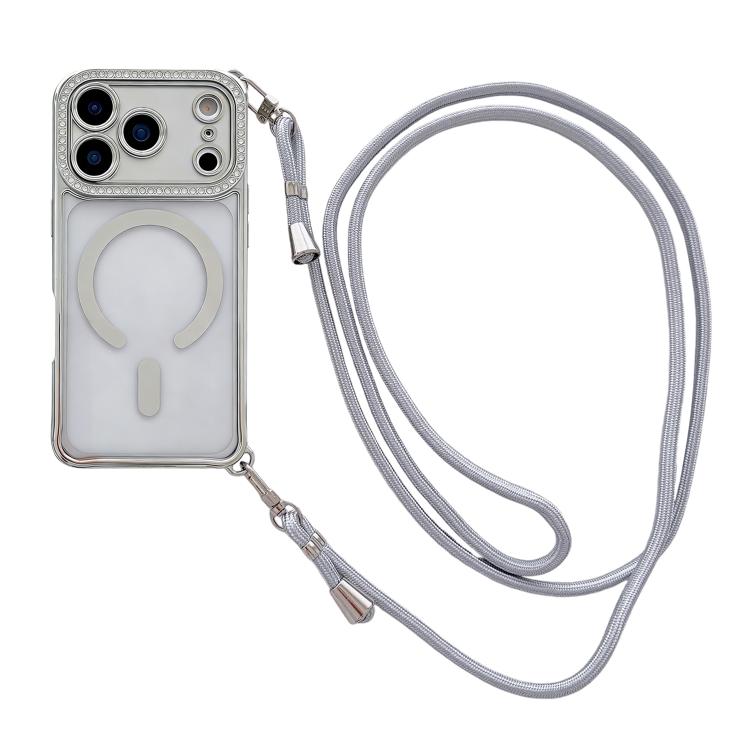 Coque de téléphone magnétique en acrylique clair électroplaqué avec strass et lanière bandoulière côté droit, pour iPhone 17 Pro Max, iPhone 17 Pro, iPhone 17, iPhone Air, iPhone 16 Pro Max, iPhone 16 Pro, iPhone 16 Plus, iPhone 16