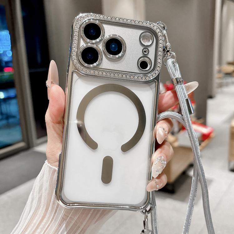 Coque de téléphone magnétique en acrylique clair électroplaqué avec strass et lanière bandoulière côté droit, pour iPhone 17 Pro Max, iPhone 17 Pro, iPhone 17, iPhone Air, iPhone 16 Pro Max, iPhone 16 Pro, iPhone 16 Plus, iPhone 16