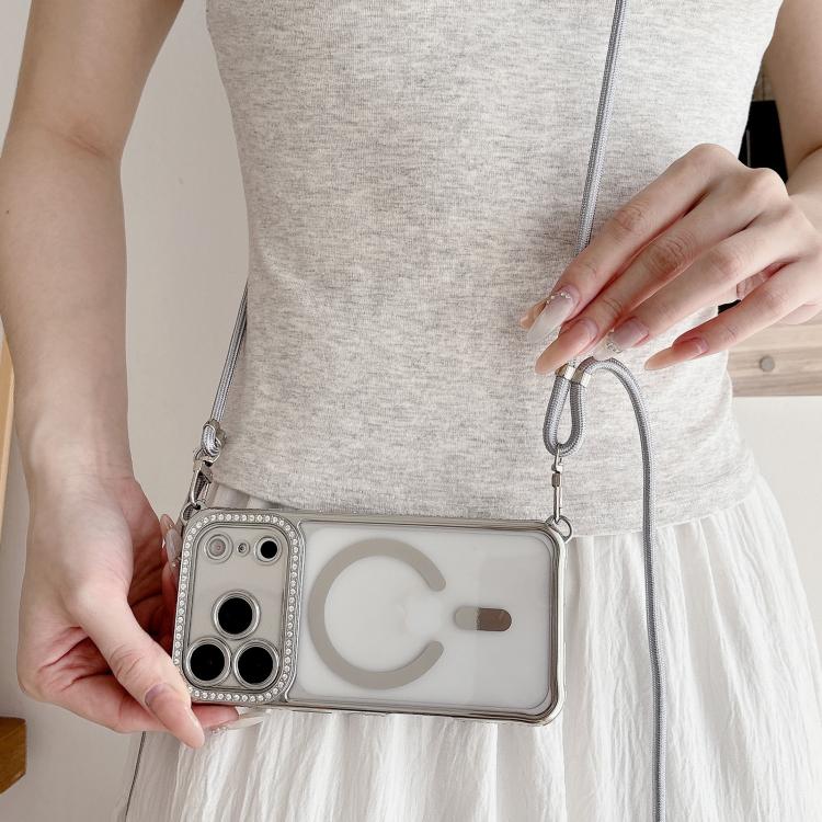 Coque de téléphone magnétique en acrylique clair électroplaqué avec strass et lanière bandoulière côté droit, pour iPhone 17 Pro Max, iPhone 17 Pro, iPhone 17, iPhone Air, iPhone 16 Pro Max, iPhone 16 Pro, iPhone 16 Plus, iPhone 16