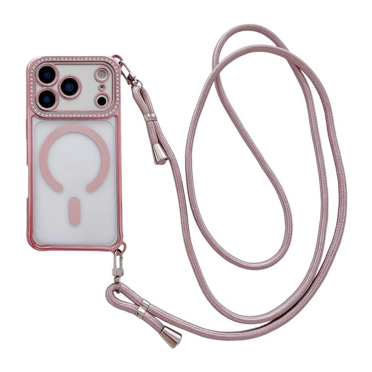 Coque de téléphone magnétique en acrylique clair électroplaqué avec strass et lanière bandoulière côté droit, pour iPhone 17 Pro Max, iPhone 17 Pro, iPhone 17, iPhone Air, iPhone 16 Pro Max, iPhone 16 Pro, iPhone 16 Plus, iPhone 16