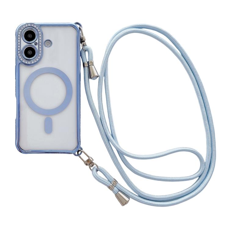 Coque de téléphone magnétique en acrylique clair électroplaqué avec strass et lanière bandoulière côté droit, pour iPhone 17 Pro Max, iPhone 17 Pro, iPhone 17, iPhone Air, iPhone 16 Pro Max, iPhone 16 Pro, iPhone 16 Plus, iPhone 16