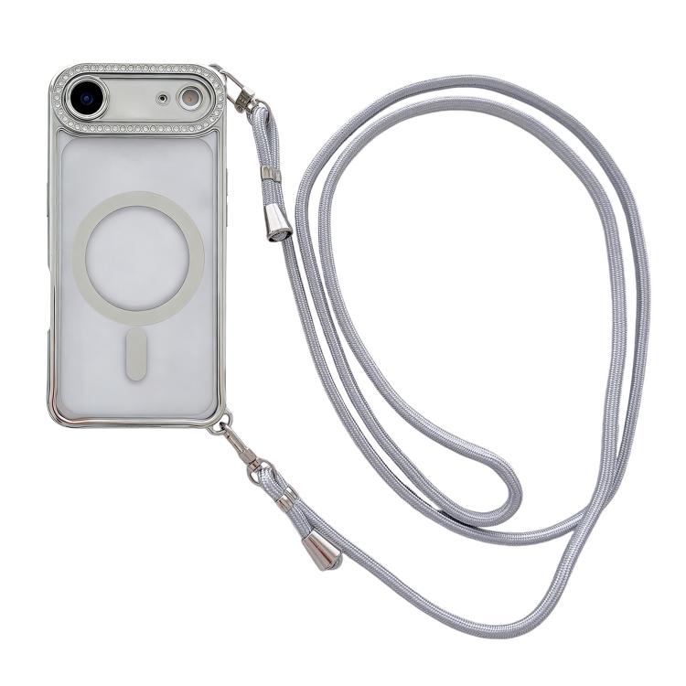 Coque de téléphone magnétique en acrylique clair électroplaqué avec strass et lanière bandoulière côté droit, pour iPhone 17 Pro Max, iPhone 17 Pro, iPhone 17, iPhone Air, iPhone 16 Pro Max, iPhone 16 Pro, iPhone 16 Plus, iPhone 16