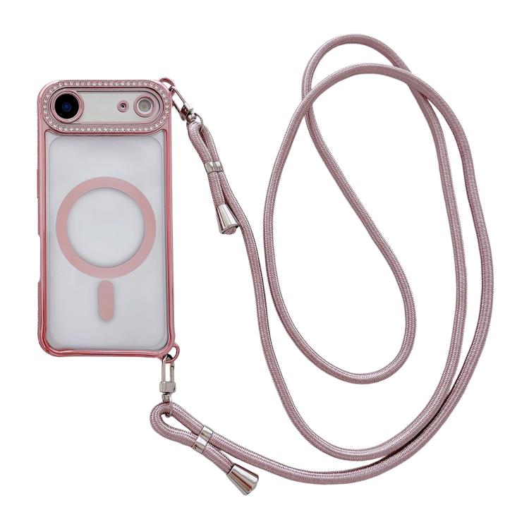 Coque de téléphone magnétique en acrylique clair électroplaqué avec strass et lanière bandoulière côté droit, pour iPhone 17 Pro Max, iPhone 17 Pro, iPhone 17, iPhone Air, iPhone 16 Pro Max, iPhone 16 Pro, iPhone 16 Plus, iPhone 16