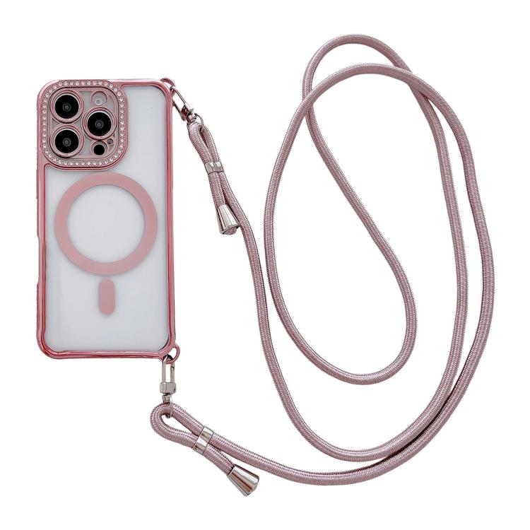 Coque de téléphone magnétique en acrylique clair électroplaqué avec strass et lanière bandoulière côté droit, pour iPhone 17 Pro Max, iPhone 17 Pro, iPhone 17, iPhone Air, iPhone 16 Pro Max, iPhone 16 Pro, iPhone 16 Plus, iPhone 16